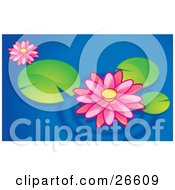Clipart Illustration Of Two Pink Lotus Flowers Floating With Lilypads On A Blue Pond by NoahsKnight #COLLC26609-0064