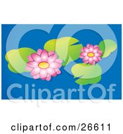 Clipart Illustration Of Two Pink Water Lilies Floating With Lily Pads On A Blue Pond