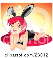 Clipart Illustration Of A Sexy Young Red Haired Woman In A Little Black Dress Lying On A Rug And Wearing Bunny Ears by NoahsKnight
