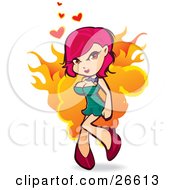 Sexy Pink Haired Caucasian Woman In A Tight Green Dress And High Heels Flaming With Hearts