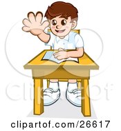 Poster, Art Print Of Little School Boy Sitting At His Desk With A Book And Raising His Hand To Ask Or Answer A Question