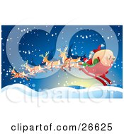 Clipart Illustration Of Santa And His Toy Sack In His Sleigh Being Transported By Magical Reindeer On A Snowy Night by NoahsKnight #COLLC26625-0064