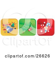 Clipart Illustration Of Icons Of Blue Jingle Bells Holly And Berries And Candy Canes Over Yellow Green And Red Backgrounds