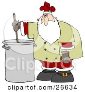 Santa Claus In A Chefs Jacket And His Christmas Uniform Stirring A Pot Of Stew