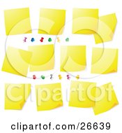 Poster, Art Print Of Bulletin Board Covered In Blank Yellow Sticky Notes And Colorful Push Pins
