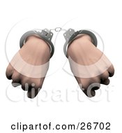 Pair Of Hands Cuffed In Silver Handcuffs Over A White Background