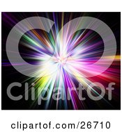 Clipart Illustration Of A Bright Burst Of Rainbow Colored Light Rays Over Black