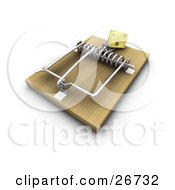 Poster, Art Print Of Slice Of Cheese On A Wooden Mouse Trap Symbolizing A Trick On A White Background