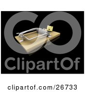 Clipart Illustration Of A Slice Of Cheese On A Wooden Mouse Trap Symbolizing A Trick On A Black Background by KJ Pargeter