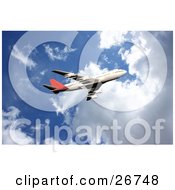 Poster, Art Print Of Red And White Commercial Airliner Flying Through A Blue Cloudy Sky