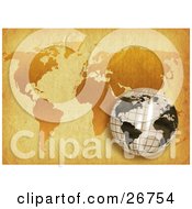 Clipart Illustration Of A Grid Patterned White And Black Globe Over A World Map On Antique Parchment Paper