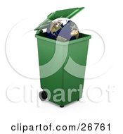 Poster, Art Print Of The Earth Inside A Green Recycle Or Trash Bin Over White