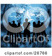 Clipart Illustration Of Silhouetted Men And Women Standing In Front Of A Blue Background With Stars And Planet Earth by KJ Pargeter