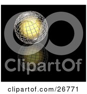 Poster, Art Print Of Bright Yellow Light Glowing Inside A Silver Wire Globe Resting On A Reflective Black Surface