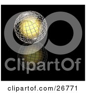 Clipart Illustration Of A Bright Yellow Light Glowing Inside A Silver Wire Globe Resting On A Reflective Black Surface