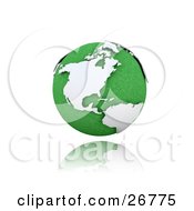 Clipart Illustration Of A Green Globe Of Planet Earth With White American Continents Suspended Over A Reflective White Surface