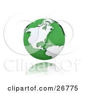 Poster, Art Print Of Green Globe Of Planet Earth With White American Continents Suspended Over A Reflective White Surface