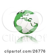 Green Globe Of Planet Earth With White Continents Suspended Over A Reflective White Surface