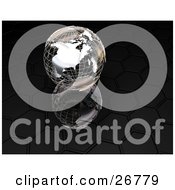 Poster, Art Print Of Chrome Wire Flame Globe On A Reflective Black Honeycomb Surface