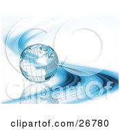 Clipart Illustration Of A Metal Wire Frame Earth Globe Rolling On A Reflective Surface With Blue Curves Over White