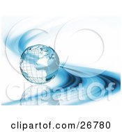 Poster, Art Print Of Metal Wire Frame Earth Globe Rolling On A Reflective Surface With Blue Curves Over White