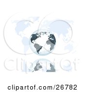Clipart Illustration Of A White And Black Globe Of Earth Over A Reflective Surface With A World Map Background