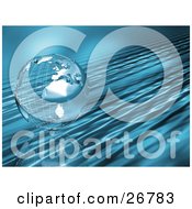 Clipart Illustration Of A Chrome Wire Frame Earth Over A Rippled Liquid Background