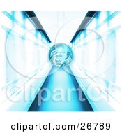 Clipart Illustration Of A Blue Planet Speeding Down A Hallway With Blue And White Light