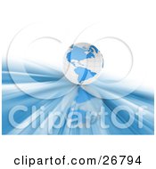 Clipart Illustration Of A White And Blue Earth Globe Over A White Background On A Reflective Surface Of Blue Light