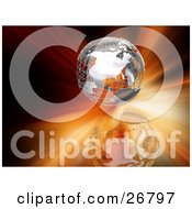 Clipart Illustration Of A Silver Wire Frame Globe Over A Reflective Surface And A Bursting Red And Orange Background