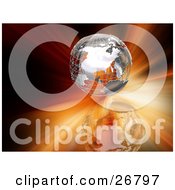 Poster, Art Print Of Silver Wire Frame Globe Over A Reflective Surface And A Bursting Red And Orange Background