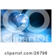 Clipart Illustration Of A Blue Wire Frame Metal Globe Of Earth Resting On A Reflective Surface With A Background Of Bursting Blue Light