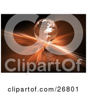 Clipart Illustration Of A Metal Wire Frame Globe On A Reflective Surface With An Orange Burst Of Light