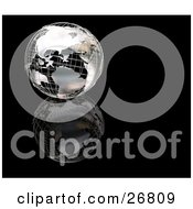Clipart Illustration Of A Chrome Wire Frame Globe Of Earth On A Reflective Black Surface And Background by KJ Pargeter