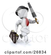 Poster, Art Print Of White Character Businessman In A Red Tie Running With An Umbrella And A Briefcase