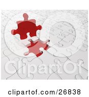 Poster, Art Print Of Red Jigsaw Puzzle Piece Resting On Top Of A White Puzzle