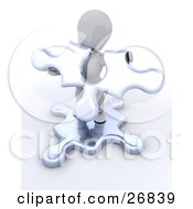 Poster, Art Print Of White Character Standing On A Jigsaw Puzzle Piece And Holding Another