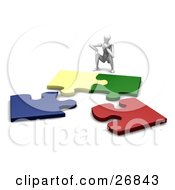 Poster, Art Print Of White Figure Character Crouching In Front Of Four Colorful Jigsaw Pieces