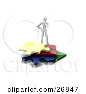 Poster, Art Print Of White Figure Character Wondering How To Fit Four Colorful Jigsaw Pieces In A Pile