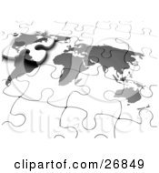 Poster, Art Print Of Final North America Piece Of A Gray And White World Map Jigsaw Puzzle Sliding Into Its Space