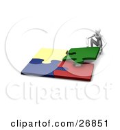 Poster, Art Print Of White Figure Character Crouching And Fitting Four Colorful Jigsaw Together