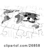 Poster, Art Print Of Final Europe Piece Of A Gray And White World Map Jigsaw Puzzle Sliding Into Its Space