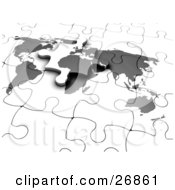 Poster, Art Print Of Final Piece Of A Gray And White World Map Jigsaw Puzzle Sliding Into Its Space