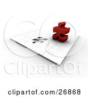 Poster, Art Print Of Thick Red Jigsaw Puzzle Piece Standing Up On Top Of A White Puzzle