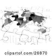 Clipart Illustration Of A Final Europe And Africa Piece Of A Gray And White World Map Jigsaw Puzzle Sliding Into Its Space