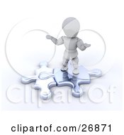 Poster, Art Print Of White Character Standing On Two Puzzle Pieces Wondering Where The Other Pieces Are