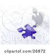 Poster, Art Print Of White Jigsaw Puzzle Piece Standing Up Over A Blue Space