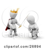 Poster, Art Print Of King White Character Wearing A Golden Crown And Knighting A Kneeling Knight With A Sword
