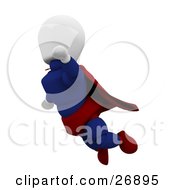 Clipart Illustration Of A White Character Super Hero In A Cape And Suit Flying Through The Sky