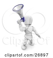 White Character Leaning Back And Hollering Through A Silver And Blue Megaphone